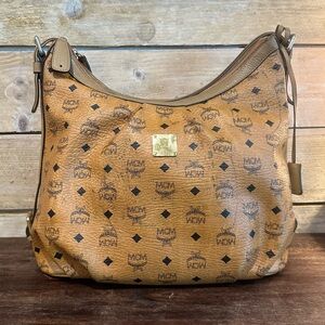 MCM Cognac Logo Visetos Shoulder Hobo Bag